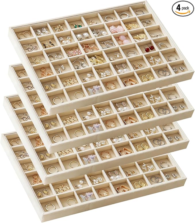 Large Stackable Jewelry Tray 4 Pack Velvet Jewelry Display Drawer Inserts Trays Organizer for Earring Bracelet Necklace Ring (Beige, 48 Grids)