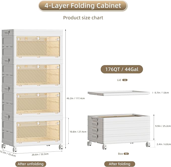 176 QT / 44 Gal Multi-Purpose Foldable Storage Cabinet - Transparent Dual Doors with 3-Stage Locking System, Heavy Duty Wheels, Simple Pull-to-Open Mechanism for Home/Office/Garage Organization