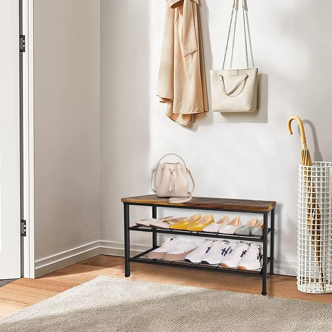 3-Tier Metal Shoe Rack with Wood Top - Durable & Space-Saving Shoe Organizer,Industrial Shoe Organizer Shelf Bench Storagefor Closet Entryway, Bedroom & Hallway - Bronze + Black 28.5 W × 18" H