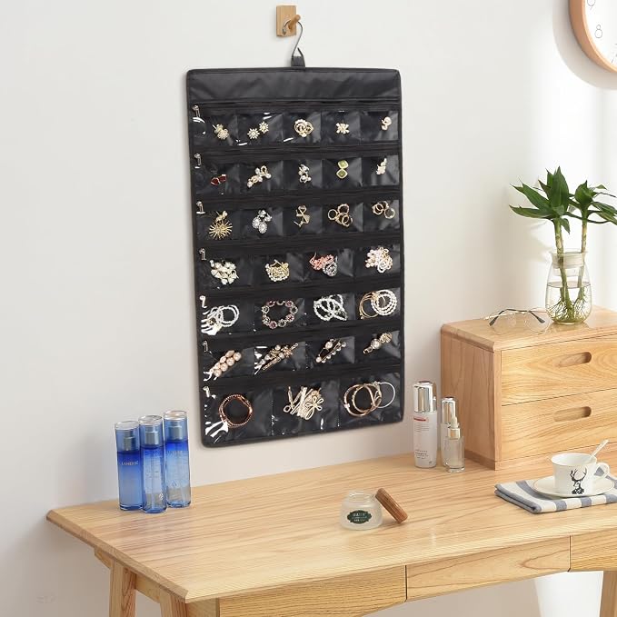 Zilink Hanging Jewelry Organizer for Closet with Zippers Double-Sided Jewelry Holder Organizer Dustproof Jewelry Organizer for Earrings, Necklaces, Rings, Bracelets, Black