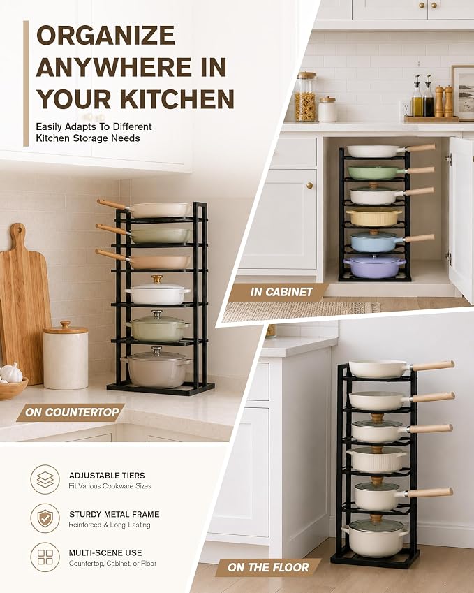 HULISEN Pots and Pans Organizer Under Cabinet, Adjustable Pot and Pan Organizer(14.8" to 26.2"), Vertical Pan Organizers Inside Cabinet, Kitchen Storage Rack for 12" Cookware Lids Baking Trays