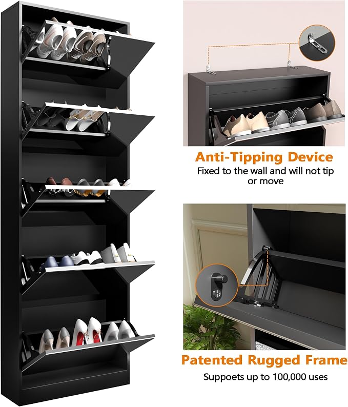 Mirrored Shoe Storage Cabinet with 5 Flip Drawers, 15 Pairs | Real Glass Mirror | Fits Men's Size 15 | Narrow Entryway Organizer | Space-Saving | Black