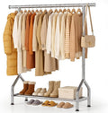 EAGMAK Sturdy Clothing Racks with Shelf, Metal Clothes Rack with Leveling Feet for Hanging Clothes, Freestanding Garment Coat Rack for Bedroom, Apartment & Small Spaces, Silver