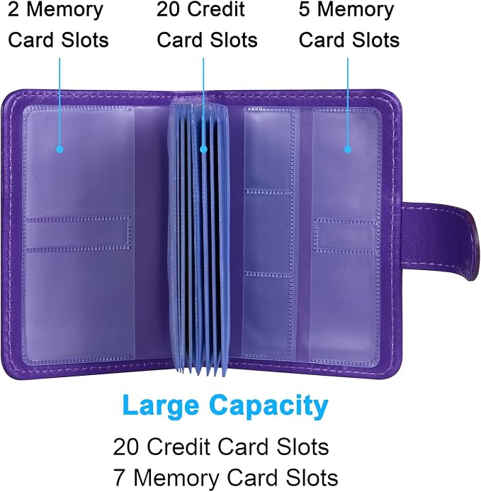Wisdompro Slim PU Leather Credit Card Holder, Vertical Purple | RFID Blocking Wallet Debit Card Protector, Organizer Case, Card Case, 20 Card & 7 Memory Card Slots, with Magnetic Closure