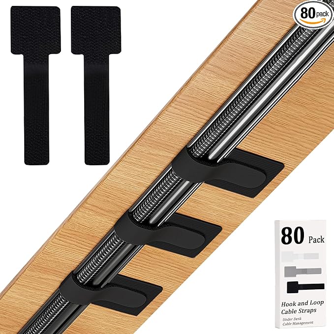 80PCS Hook and Loop Cable Straps, Cable Management Under Desk, Adhesive Cable Ties, Reusable Wire Organizers for Cords, Cords Management, Computer Accessories for Desk, Home Office Essentials, Black