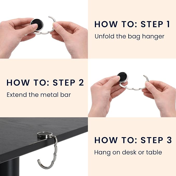 kwmobile Purse Hook for Table - Set of 2 Purse Holder - Folding Handbag Hanger - Portable Bag Holder - Bag Hooks for Desk - Table Hook Black Matte/Rose Gold