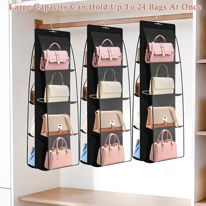 3 Pack Purse Organizer for Closet, 8 Pockets Black Handbag Hanging, Handbag Storage, Purse Closet Organizer Clear Window Purse Hanger and Handbag Organizer for Space Saving