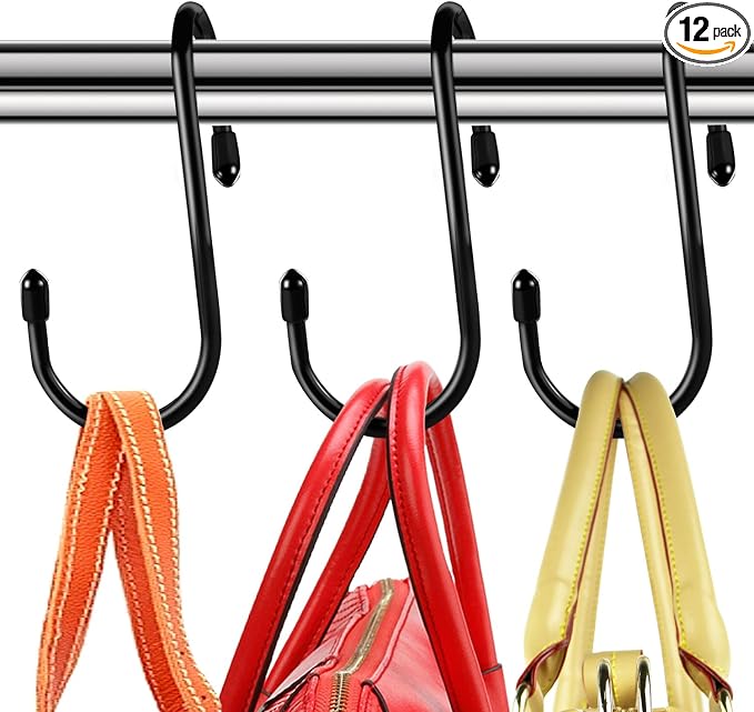 HiGift 12 Pack Purse Hooks for Closet, Non Slip Rubber Coated Closet Rod Hook for Bags, Large Organizer Hooks for Hanging Handbags, Backpacks, Belts, Scraves, Hats, Clothes -Black