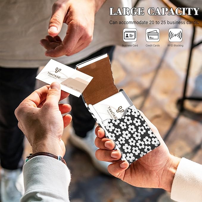 2Pack Leather Stainless Steel Business Card Holder, Metal Slim Business Card Case for Women or Men, Pocket Business Card Carrier with Prints, Magnetic Closure, RFID Blocking