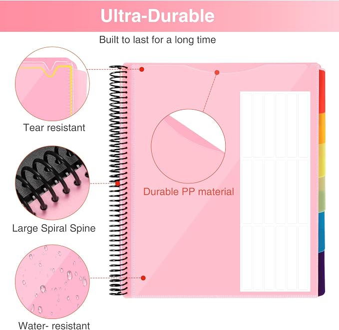 Forvencer 24 Pocket Project Organizer, 1/3-cut Tab Binder Organizer with Sticky Labels, Multi Pocket Folder with Zipper Pouch, Folder Binder Spiral Pocket Notebook, Office Supplies, Letter Size, Pink