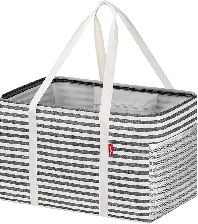 LHZK Standing Utility Tote Bag with Metal Wire Frame and the Sides Rinforced, Large Tote Bag with Handle, Reusable Grocery Bags Foldable, Beach Bag, Car Tote, Black, 18.5''x11.8''x11.5'' | Metal Wire Frame
