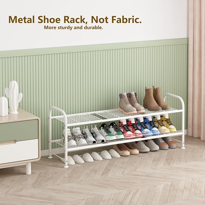 LINZINAR 2 Tier Long Shoe Rack for Closet Metal Shoe Organizer for Entryway | Spacious design stores 15+ pairs of shoes,durable metal frame,space-saving organizer for closet, hallway, and Entryway White
