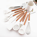 11pcs Silicone Cooking Utensils Spatula Set with Wooden Handle, White Kitchen Gadgets Set for Nonstick Cookware, Include Holder Storage Bucket.