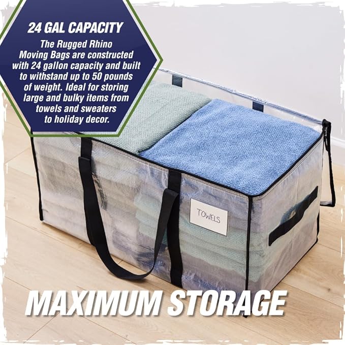 RUGGED RHINO 6 Pack Heavy Duty Extra Large Moving Bags, Durable Bag Strong Handles and Zipper, Moving Boxes Alternative for College Packing, Holiday Décor, Space Saving Storage with Label, Blue/Clear