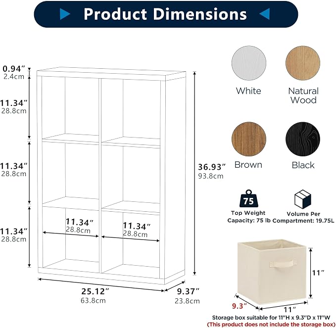 6 Cube Storage Organizer, 2x3 Cube Bookshelf, Cubby Storage Shelf, Wooden Organizer Shelf with Thickened Boards, for Closet Bedroom Home Office Living Room, 36.93" L x 9.37" W x 25.12" H, Brown