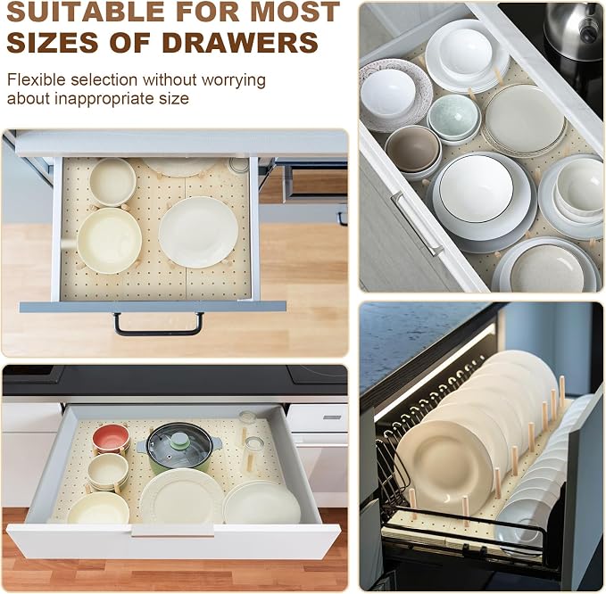3 Pcs Wood Pegboard Drawer Organizer(Natural Wood,21 x 5.91 Inch,Pine) | with 32 Pegs, Wooden Peg Board Drawer Shelf Organizer, Adjustable, Kitchen Dishes Plate Pot Container Cookware Utensil