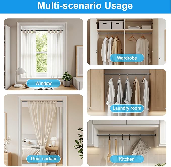 MEXAU 1 Pack Black Spring Tension Curtain Rods 18-37 Inch,Adjustable Tension Rods Shower Curtain Rod No Drilling for Window, Bathroom, Closet, Room Divider, 7/8" Diameter