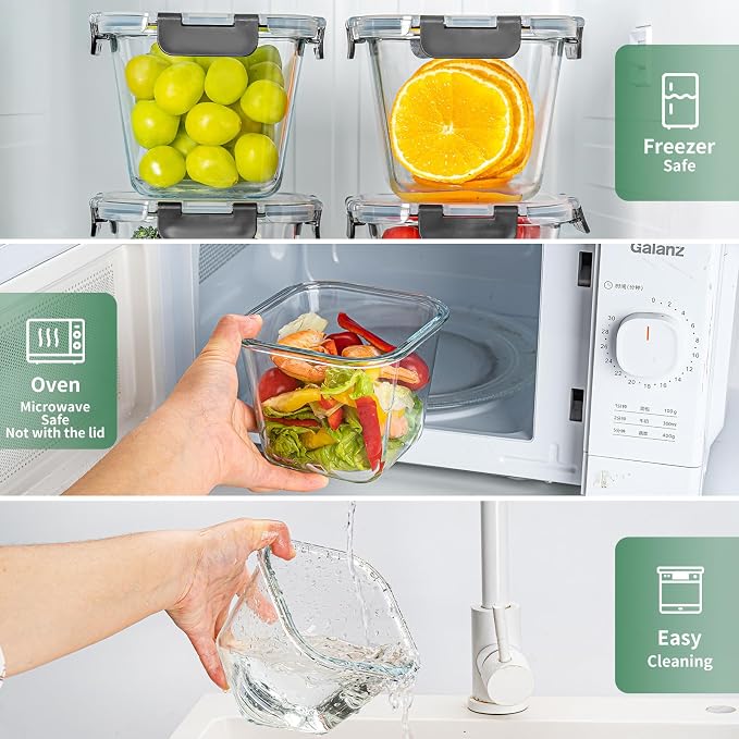 32 oz Glass Soup Containers with Lids, 4 Cup Glass Storage Containers with lids, Airtight Leak Proof, Food Grade Glass Containers, Microwave, Oven, Freezer and Dishwasher, BPA Free