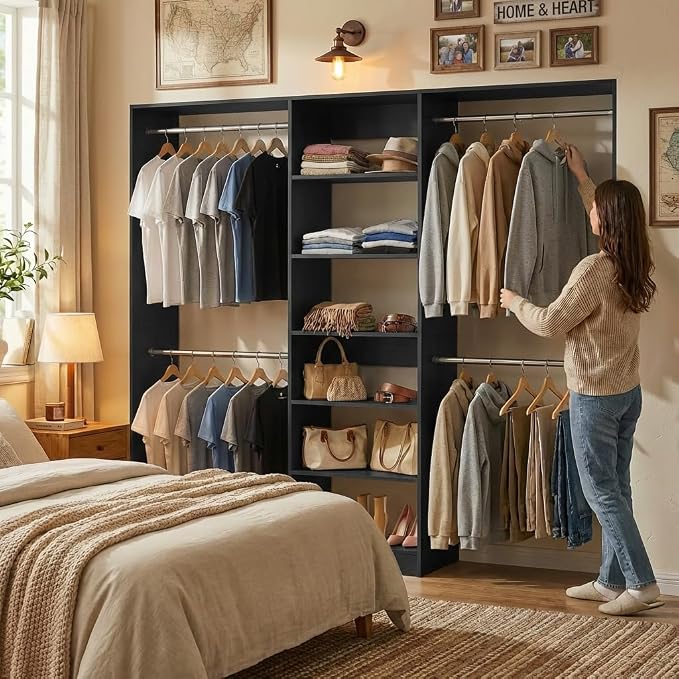 Homieasy Closet System, 4.5-11.5 Ft Expandable Closet Organizer with 5 Hanging Rods, Walk-in Wood Closet Organizer System with Storage Tower, Heavy Duty Garment Rack Wardrobe for Bedroom, Black