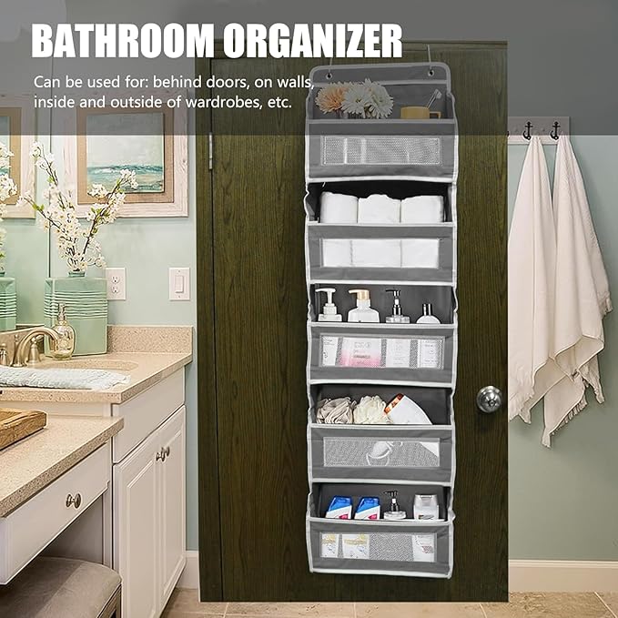 5-Tier Hanging Door Storage Rack Includes 5 shelves and 5 side mesh pockets Multi-compartment design Holds up to 44 lbs Ideal for bathrooms, bedrooms, nurseries, and kitchens (Gray/Black/Charcoal)