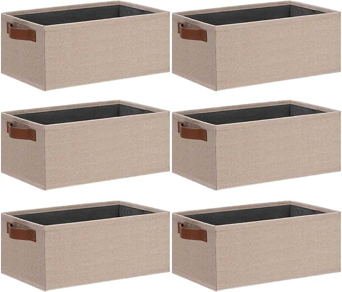 GhvyenntteS Small Fabric Storage Bins 6 Pack, 11.8" x 7.87" x 5.11" Storage Basket with Leather Handles, Closet Storage Bins for Shelves, Storage Baskets for Shelves, DVD Storage (Beige Yellow)