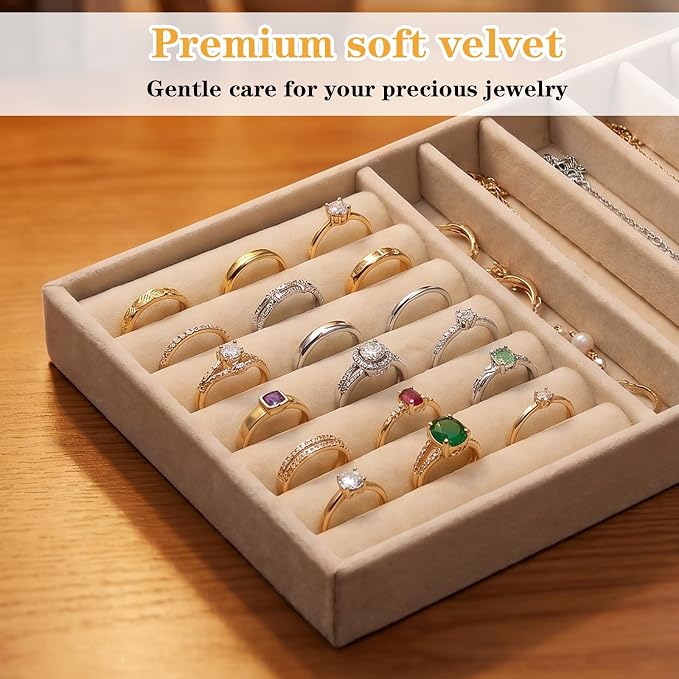 Stackable Velvet Tray Jewelrys Storage Organizers Jewelry Box Insert Organizer for Drawer Jewelry Drawer Organizer Inserts Ring Earring Stud Necklace Holder Display Storage Case (Beige, 8.3 x 4.9in)