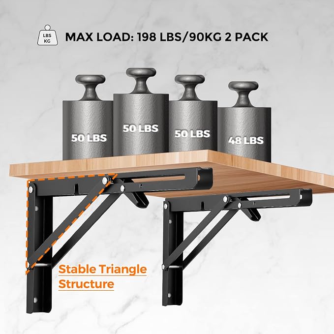 Ravinte Matte Black Folding Shelf Brackets, 14 Inch, 2 Pack | Collapsible Bracket Design, Table And Bench Support, Space-Saving Shelf Setup, For Worktops, Laundry Rooms, Garage Projects
