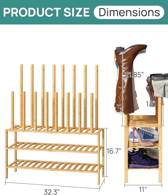 viewcare Boot Rack with Shoe Rack, Long Boot Rack Organizer Tall Boots for Closet, Bamboo Wood Shoe Shelf Storage Organizer for Entryway Small Space