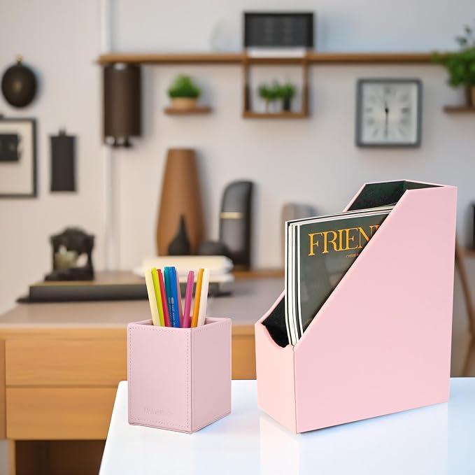 UnionBasic Magazine File Holder, Leatherette Desktop Document Organizer, Home Office Paper Holder File Storage Literature Sorter, Pink
