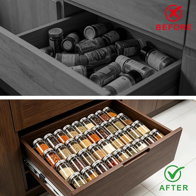Expandable Acrylic Spice Drawer Organizer – 4-Tier Clear Seasoning Rack Insert for Kitchen Drawers, Adjustable from 9" to 18", Fits Most Spice Jars (Jars Not Included) 8-Pack