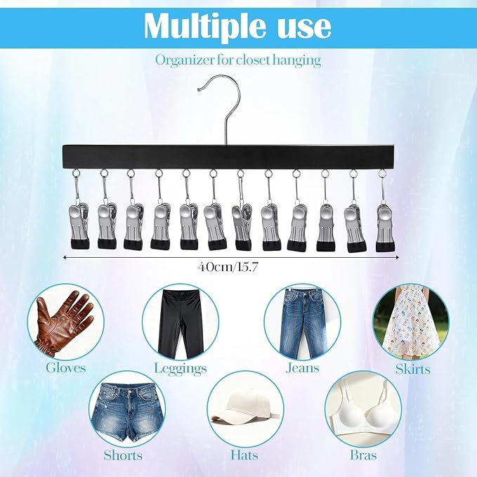 Wooden Closet Organizer Hanger with 12 Clips, Space Saving Hanging Organizer for Hats Scarves Jeans Skirts Socks Pants, 15 Inch, 360° Swivel Hook (2, Brown)