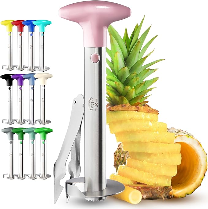 Zulay Kitchen Stainless Steel Pineapple Corer & Slicer – Heavy Duty Pineapple Cutter & Eye Removal Tool – Effortless Core Remover Tool with Sharp Reinforced Blade & Ergonomic Handle - Pink