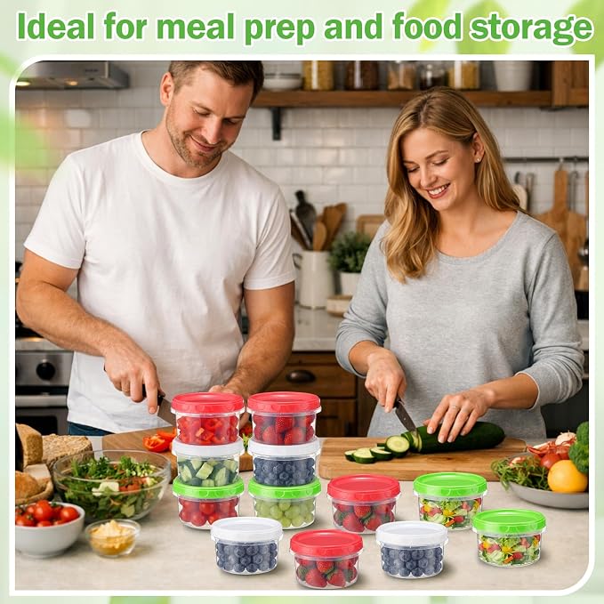Sieral 36 Pack 8 oz Freezer Containers with Lid Reusable Deli Freezer Storage Containers Stackable Plastic Ultra Thick Twist Top Jar for Takeout Food Round Wide Mouth Lunch Snack (Green,Red,White)