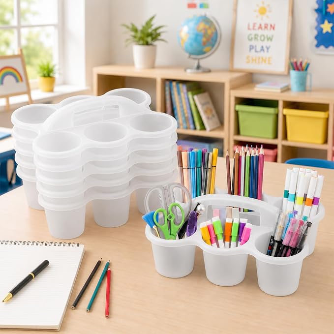 Plastic Caddy with Handle Set of 6 Classroom Caddy Organizer Cup Caddies Water Bottle Storage Crayon Caddies Plastic Cup Holder Drink Carrier for School Home Office Supplies (Clear)