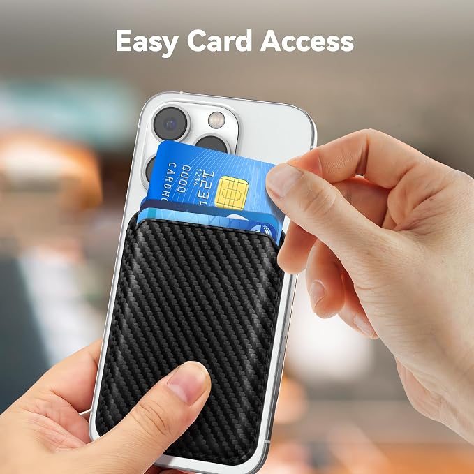 Magnetic Cell Phone Card Holder for Phone Case with Mag Safe, Stronger Magnetic RFID Leather Phone Wallet Stick on Series of iPhone 17/16/15/14/13/12 and Pro/Promax, Carbon Fiber Black