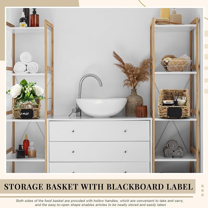 Wonderjune 4 Pcs Natural Seagrass Storage Baskets Set Stackable Handwoven Wicker Storage Bins with Chalkboard Label Built-in Handles Woven Container Basket Kitchen Baskets for Shelves
