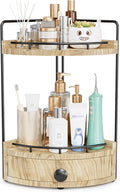2-Tier Corner Bathroom Counter Organizer with Drawer, Wood color | Embedded Screw Holes, Wooden Countertop Organizers, Space-Saving, Bottom Ventilation Design, Counter Shelf for Vanity