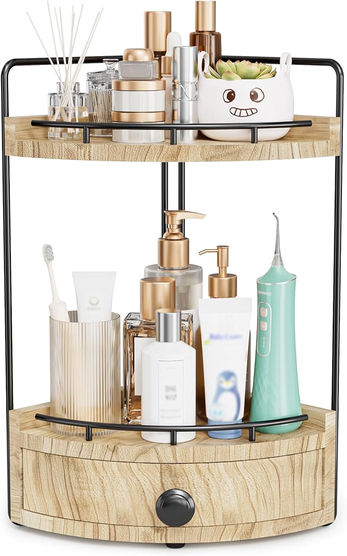 2-Tier Corner Bathroom Counter Organizer with Drawer, Wood color | Embedded Screw Holes, Wooden Countertop Organizers, Space-Saving, Bottom Ventilation Design, Counter Shelf for Vanity