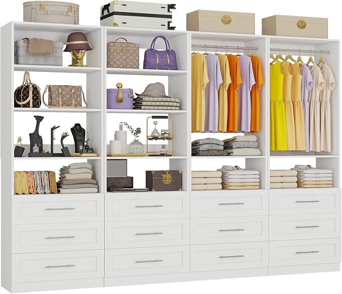 Closet System with 12 Wooden Drawers, 10 Shelves & 6 Hanging Rods, 8–21 ft Adjustable Closet Organizer System, 2800 lbs+ Walk-In Closet System, Modular Custom Closet Kit, White(Set of 4)