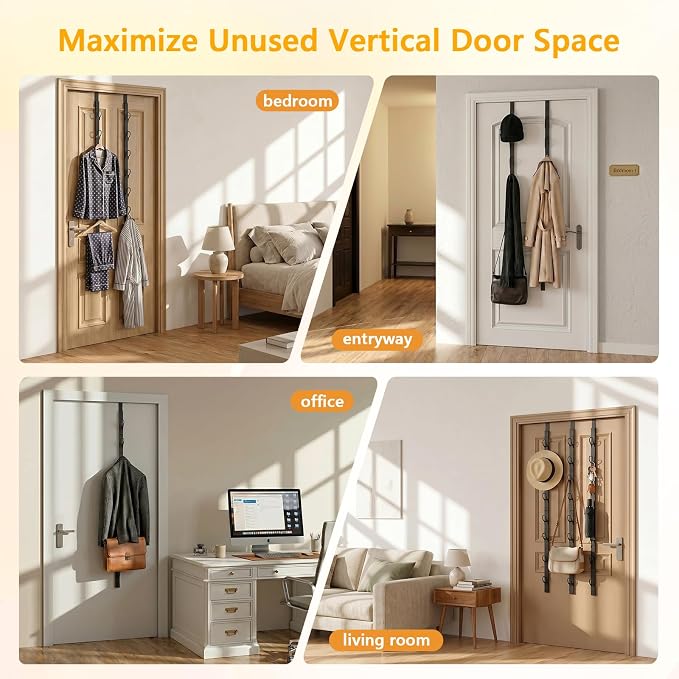 TOMIR Over The Door Hooks 2 Pack, Metal Long Hooks for Hanging, Behind Door Towel Rack, Purse, Coat Hanger, Non-Slip Pads with Suction Cups, Space-Saving Vertical Organizer, 37.2 Inches Black