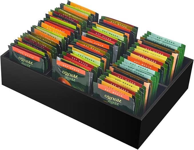 Tasybox Acrylic Tea Bag Organizer, Black Tea Bag Holder, Drawer Organizer | Tea Bag Holder with Removable Dividers, 6 Slot Tea Organizers and Storage for Countertop, Drawer, Pantry, Kitchen, Cabinet