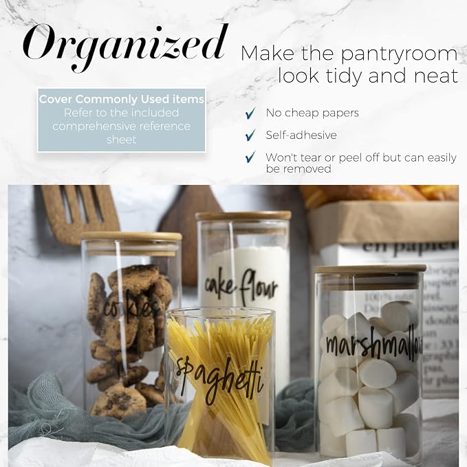 180 Pantry Labels, Prefdo Waterproof White Script Preprinted Food Names Label Stickers for Kitchen Organization Storage Containers, Jars & Canisters (Black)
