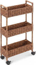 Best Choice Products 3-Tier Slim Water Hyacinth Rolling Nursery Caddy w/Wheels, Handwoven Utility Cart, Narrow Storage Organization for Bathroom, Craft Room, Laundry Room - Chestnut