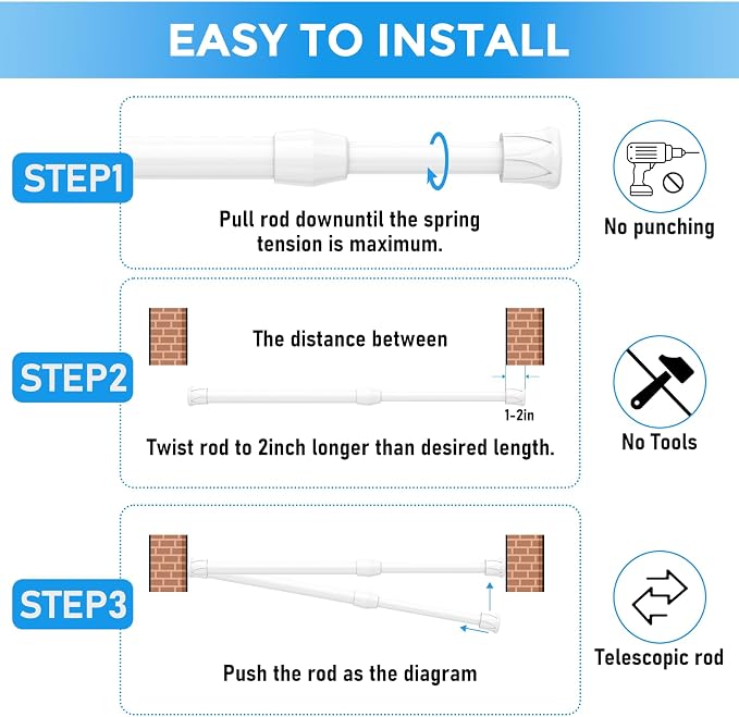 2 Pack Spring Tension Curtain Rod 17 to 28 Inch, DIY Small Curtain Rods No Drill for Window Cupboard Closet Kitchen Cabinets, White