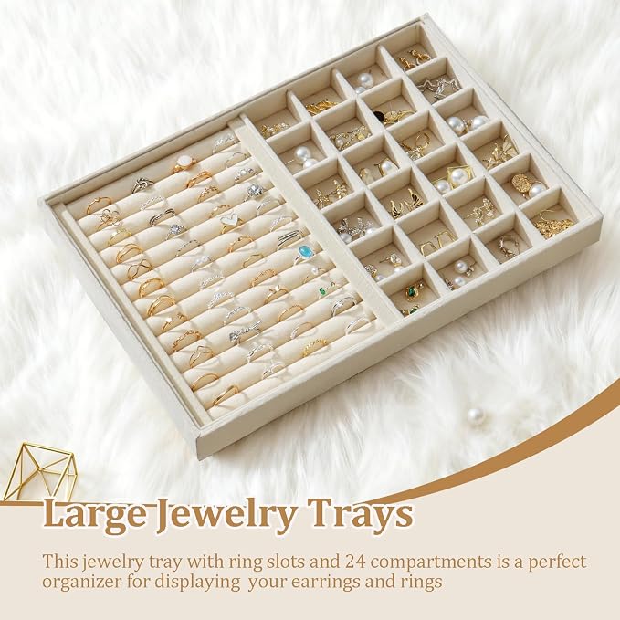 Large Jewelry Organizer for Drawer Insert Velvet Stackable Jewelry Trays for Earring Necklace Bracelet Ring Display (Beige, Ring and 24 Grids)