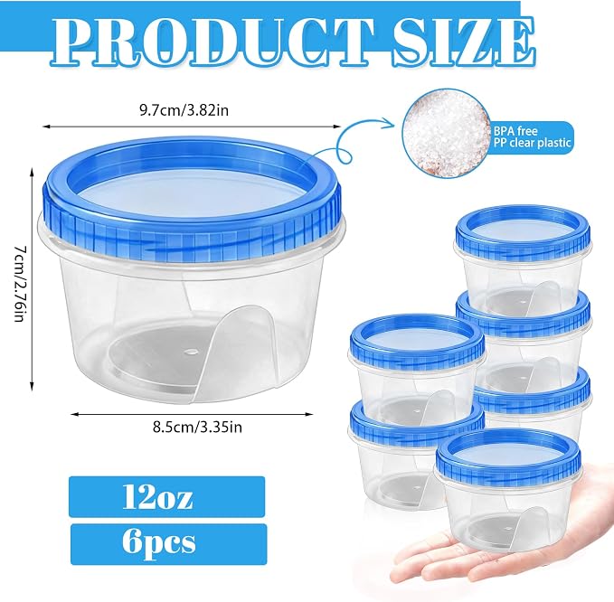 6 Pack Freezer Containers with Screw On Lids, 12 Oz Stackable Reusable Plastic Storage Container, Airtight Plastic Food Storage Containers with Twist Top Lids for Food Soup Jello Sauce