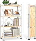 black leopard 4-Tier Foldable Shelf with Wheels, Wood-Grain Steel Shelves | Pre-assembled frame unfolds in seconds with tool-free wheel setup for fast, convenient use.