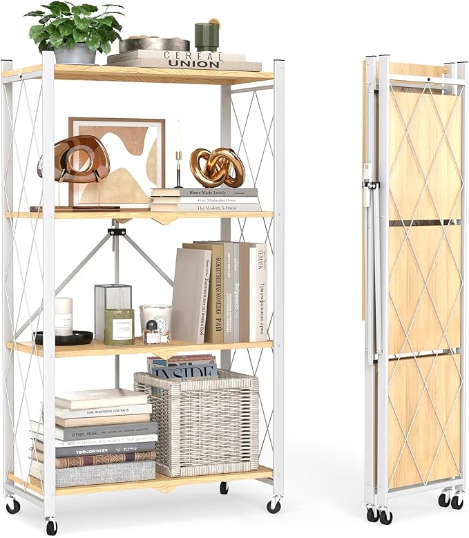 black leopard 4-Tier Foldable Shelf with Wheels, Wood-Grain Steel Shelves | Pre-assembled frame unfolds in seconds with tool-free wheel setup for fast, convenient use.