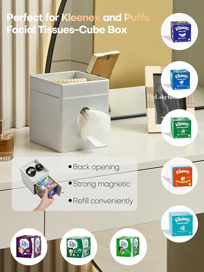 Tissue Box Holder Cover, Modern PU Leather Square Decorative Tissue Holder Organizer-Woven New Off White
