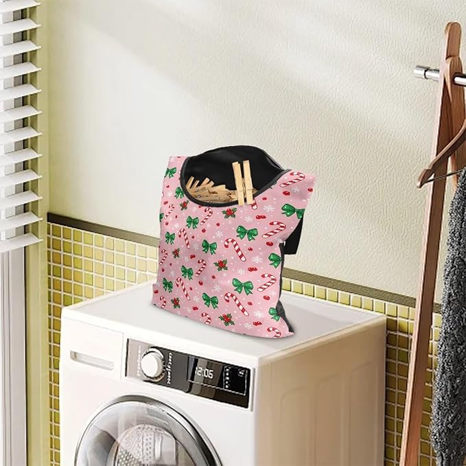 Christmas Candy Cane Clothespin Bags with Hanging Rope Space-Saving Pink Clothespin Storage Organizer Waterproof Clothes Pin Holder for Clothesline Outdoor Rotatable Clothespins Storage Bag